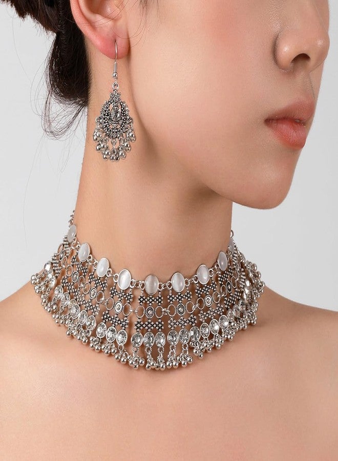 OIDIMS Oxidized Punk Traditional Indian Jewellery Set for Women Boho Bollywood Beads Earring Dangle Tassels Choker Necklace Turquoise Crystal Ethnic Wedding Party Jewelry Gift Daily Wear Birthday (Clear) - Image 2