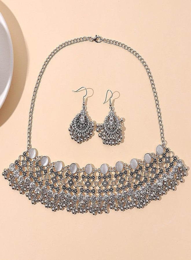 OIDIMS Oxidized Punk Traditional Indian Jewellery Set for Women Boho Bollywood Beads Earring Dangle Tassels Choker Necklace Turquoise Crystal Ethnic Wedding Party Jewelry Gift Daily Wear Birthday (Clear) - Image 4