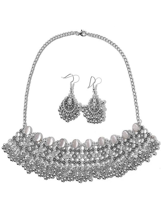 OIDIMS Oxidized Punk Traditional Indian Jewellery Set for Women Boho Bollywood Beads Earring Dangle Tassels Choker Necklace Turquoise Crystal Ethnic Wedding Party Jewelry Gift Daily Wear Birthday (Clear) - Image 1