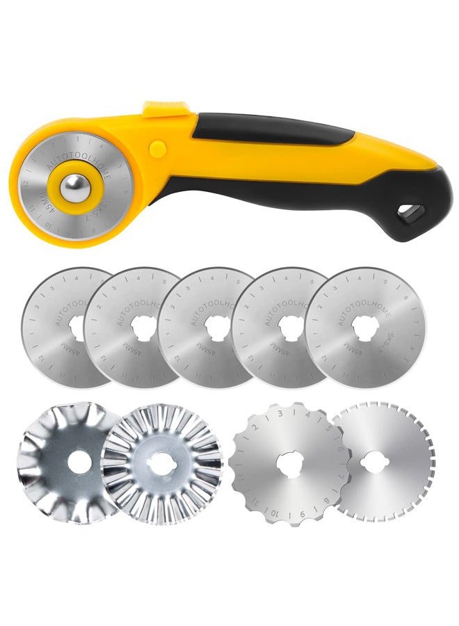 AUTOTOOLHOME 45mm Rotary Cutter with 9pcs Extra Blades Automatic Fabric Roller Cutter Perforator Crochet Edge Pinking Rotary Blades for Quilting, Sewing, Crafting - Image 1