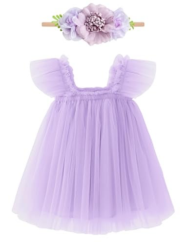 ANHDM Baby Girl First Birthday Outfit Cake Smash Short Sleeve Tulle Dresses 1st Birthday Dress with Flower Headband Violet 12 MonthsTag 90 - Image 1