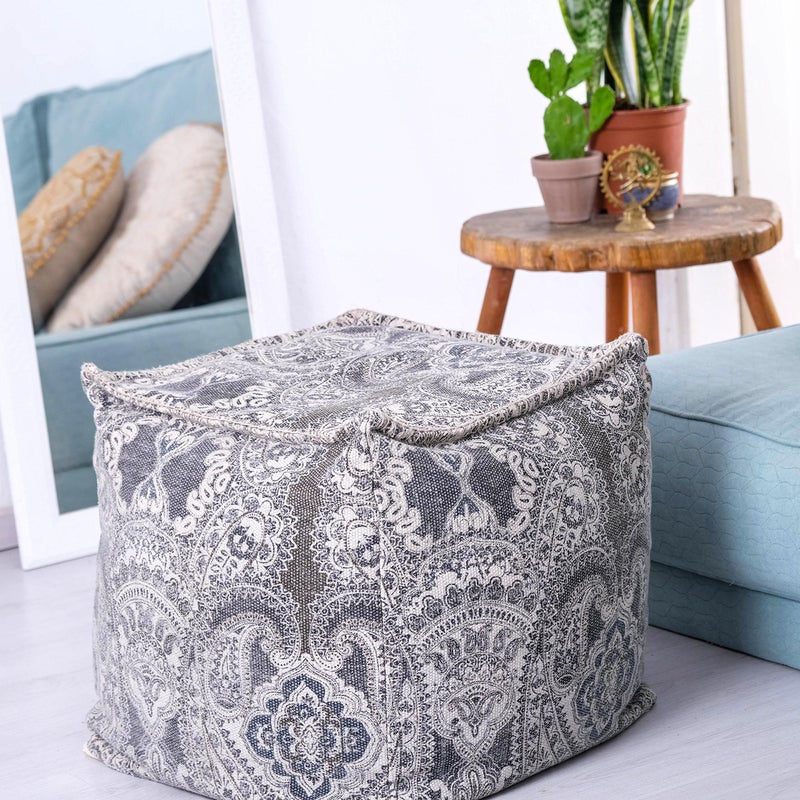 Mandala Life ART Parsley Gray Cube Bean Bag Cover 20x20x20 inches Luxury Pouf Ottoman Room Decor Pouffe Boho Chic Seating Area Floor Cushion Pillow Pouffee