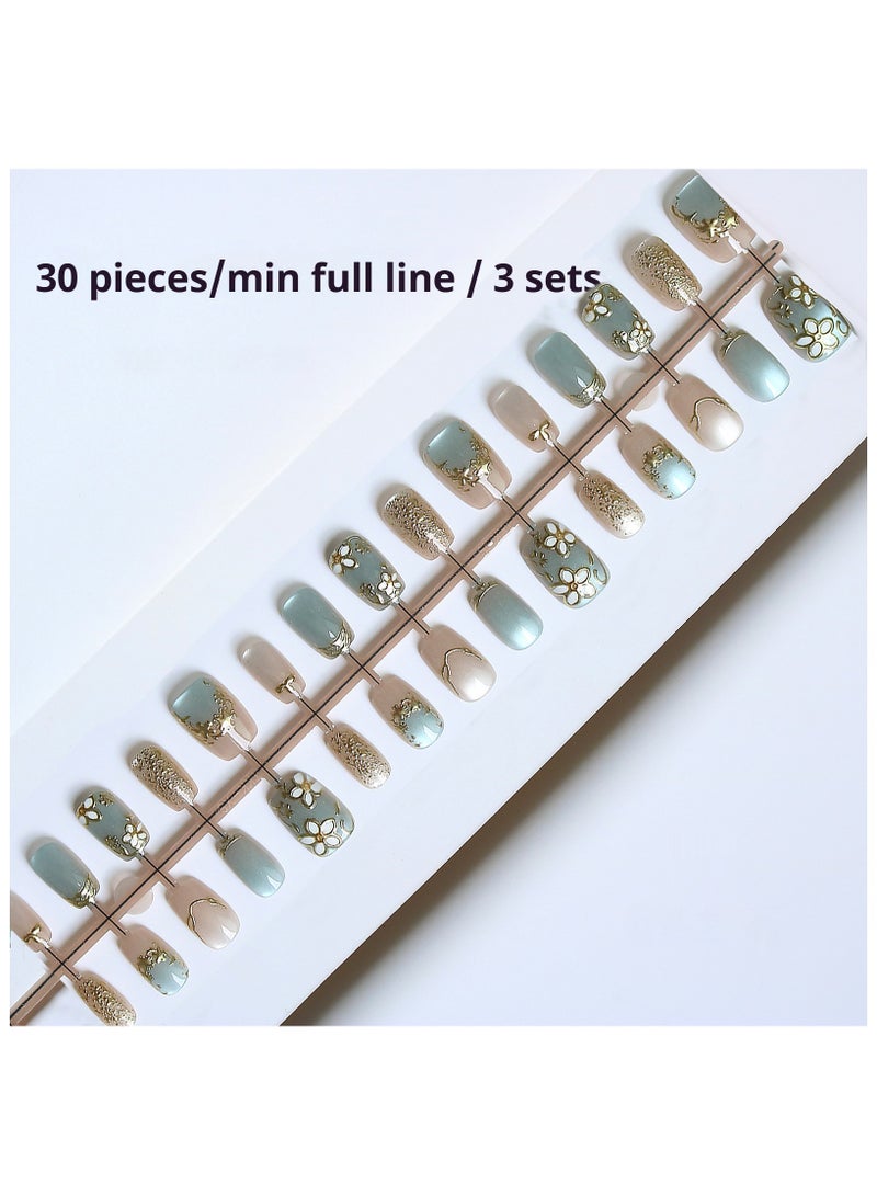 Bond 30-piece pack of press-type nail stickers, simple and elegant: short gold-plated sapphire nail products, including removable false nail stickers and jelly gel. - Image 1