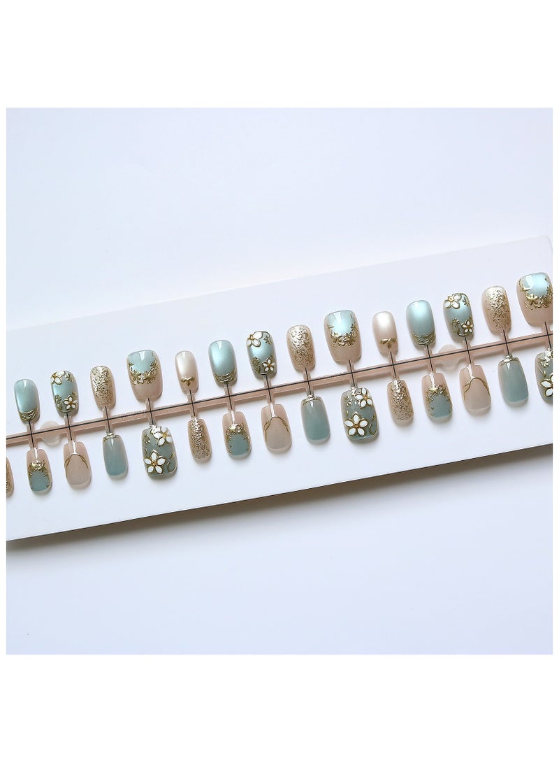 Bond 30-piece pack of press-type nail stickers, simple and elegant: short gold-plated sapphire nail products, including removable false nail stickers and jelly gel. - Image 4