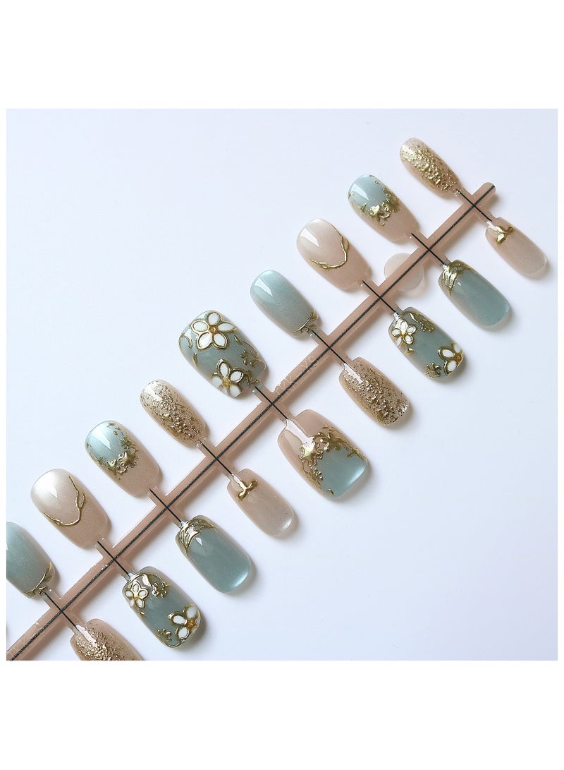 Bond 30-piece pack of press-type nail stickers, simple and elegant: short gold-plated sapphire nail products, including removable false nail stickers and jelly gel. - Image 2