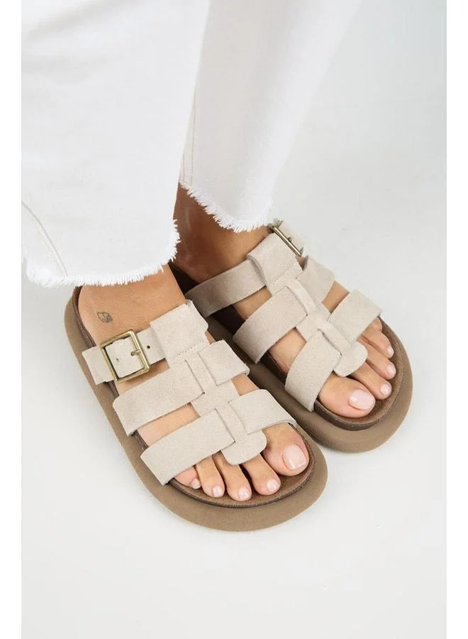 Manijero  (Hicks) Women's Genuine Leather Buckle Strap Beige Slipper. for Women | Best Price UAE