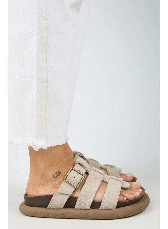 (Hicks) Women's Genuine Leather Buckle Strap Beige Slipper.
