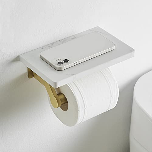 Hoimpro Brushed Gold Aluminum Toilet Paper Holder with White Natural Marble Shelf, Wall Mounted Tissue Hand Paper Roll Storage Holder for Bathroom Kitchen Washroom Bedroom - Image 5