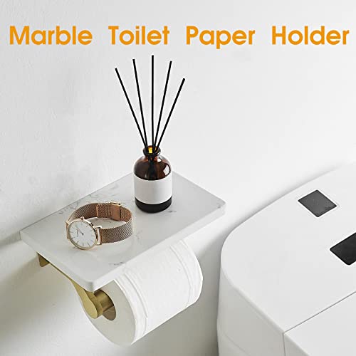 Hoimpro Brushed Gold Aluminum Toilet Paper Holder with White Natural Marble Shelf, Wall Mounted Tissue Hand Paper Roll Storage Holder for Bathroom Kitchen Washroom Bedroom - Image 2