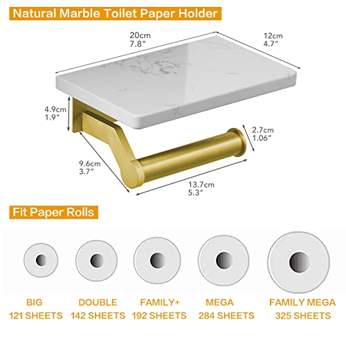 Hoimpro Brushed Gold Aluminum Toilet Paper Holder with White Natural Marble Shelf, Wall Mounted Tissue Hand Paper Roll Storage Holder for Bathroom Kitchen Washroom Bedroom - Image 4