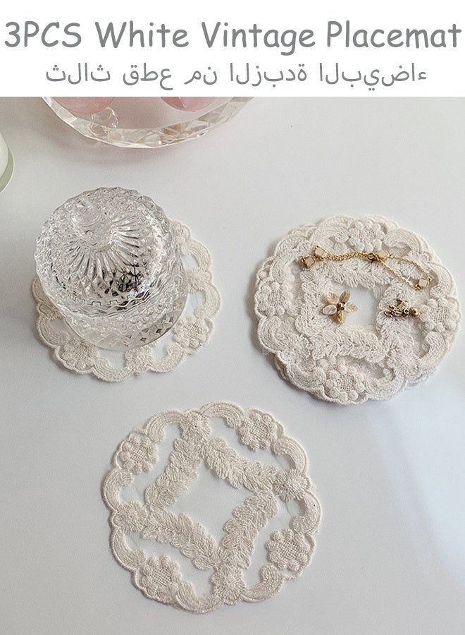 3 قطع من المفارش والوقايات الفرنسية الكلاسيكية البيضاء المطرزة بالكروشيه للطاولات الزجاجية والخزائن وحفلات الزفاف والتجمعات العيدية وديكور المنزل وتزيين طاولة القهوة والهدية المثالية - Image 1