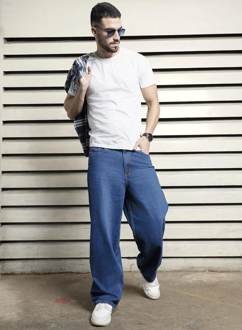 هاي ستار Men's Indigo 100% Cotton Bleached Full Length Baggy Jeans