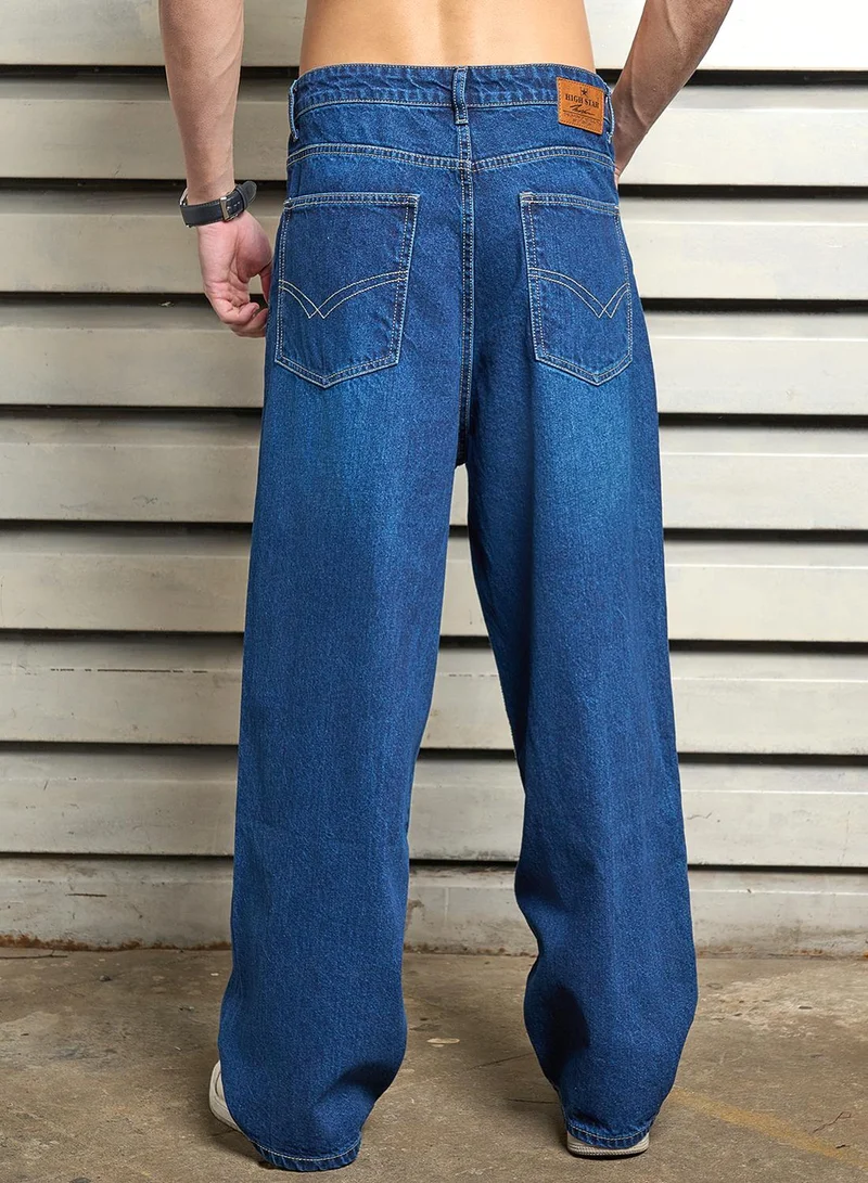 HIGH STAR Men's Indigo 100% Cotton Bleached Full Length Baggy Jeans