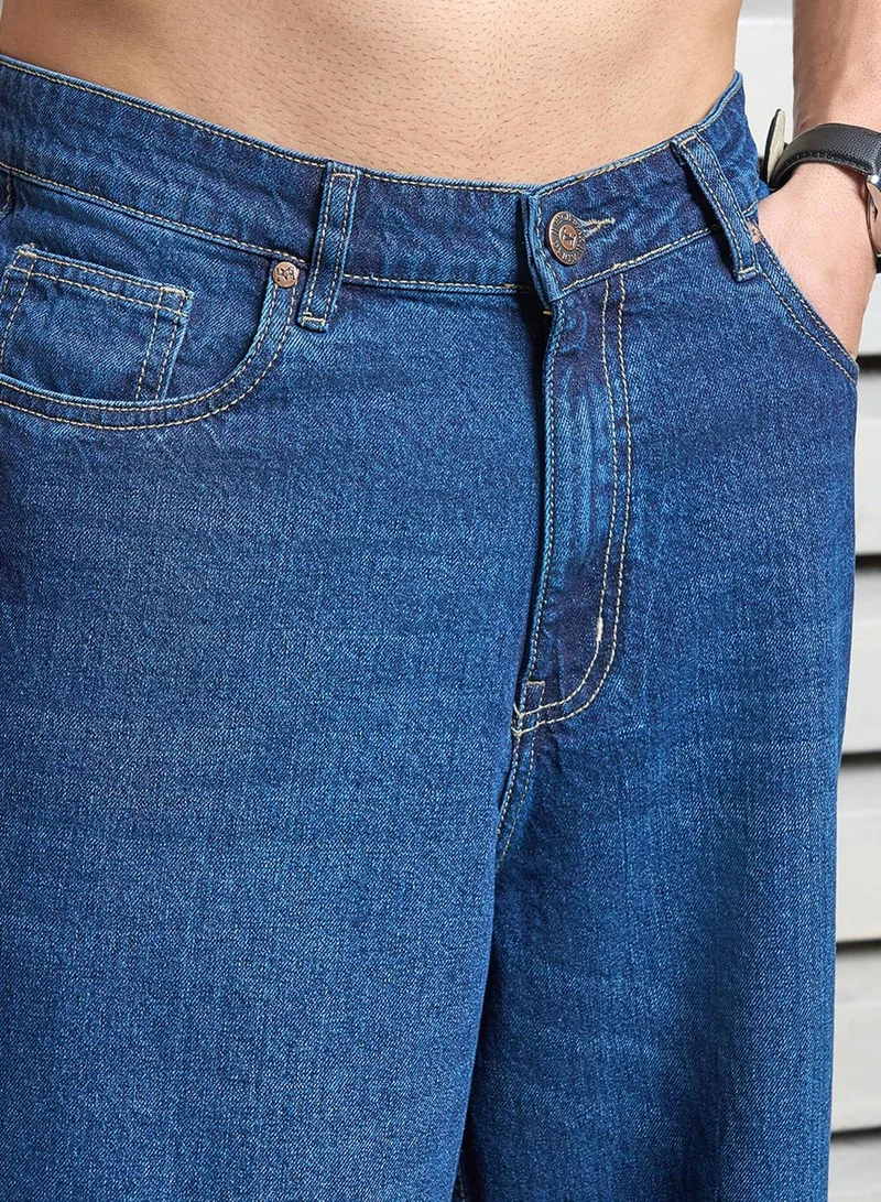 HIGH STAR Men's Indigo 100% Cotton Bleached Full Length Baggy Jeans