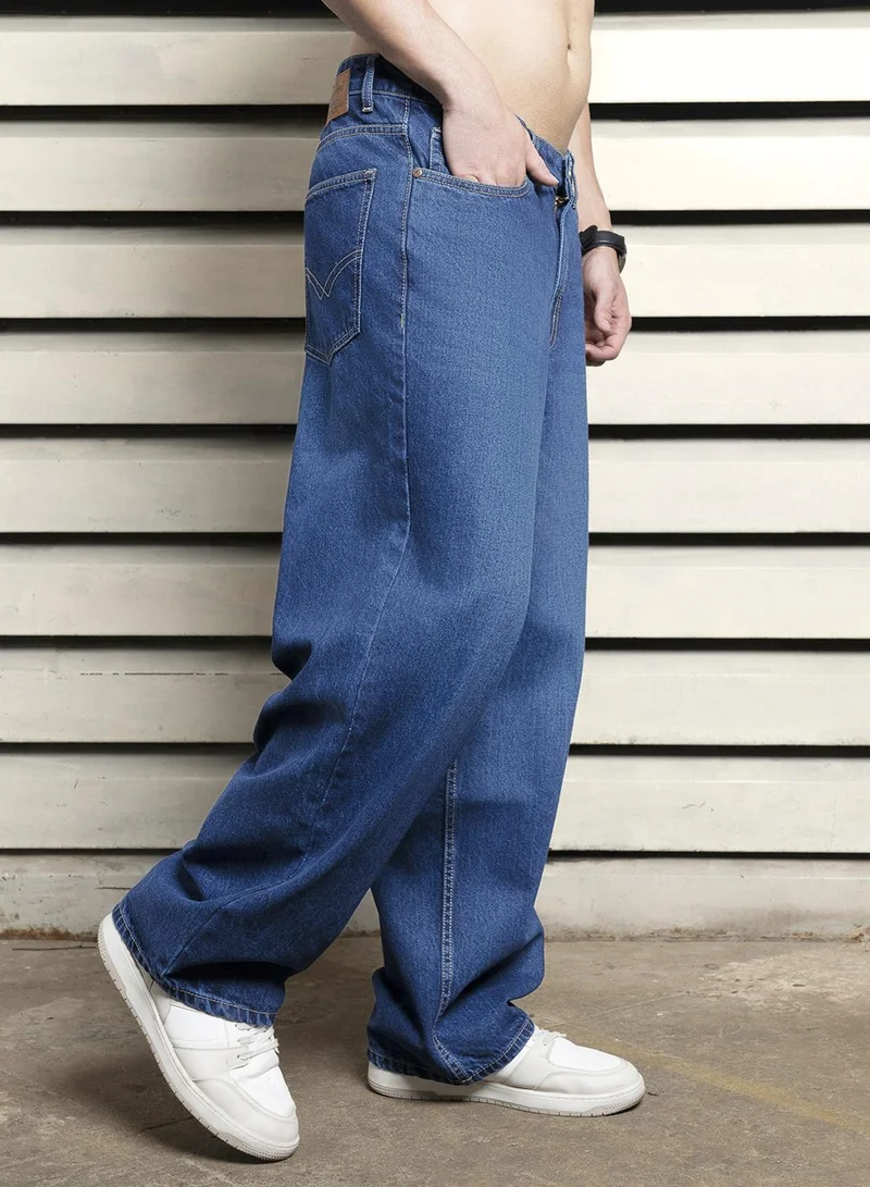HIGH STAR Men's Indigo 100% Cotton Bleached Full Length Baggy Jeans