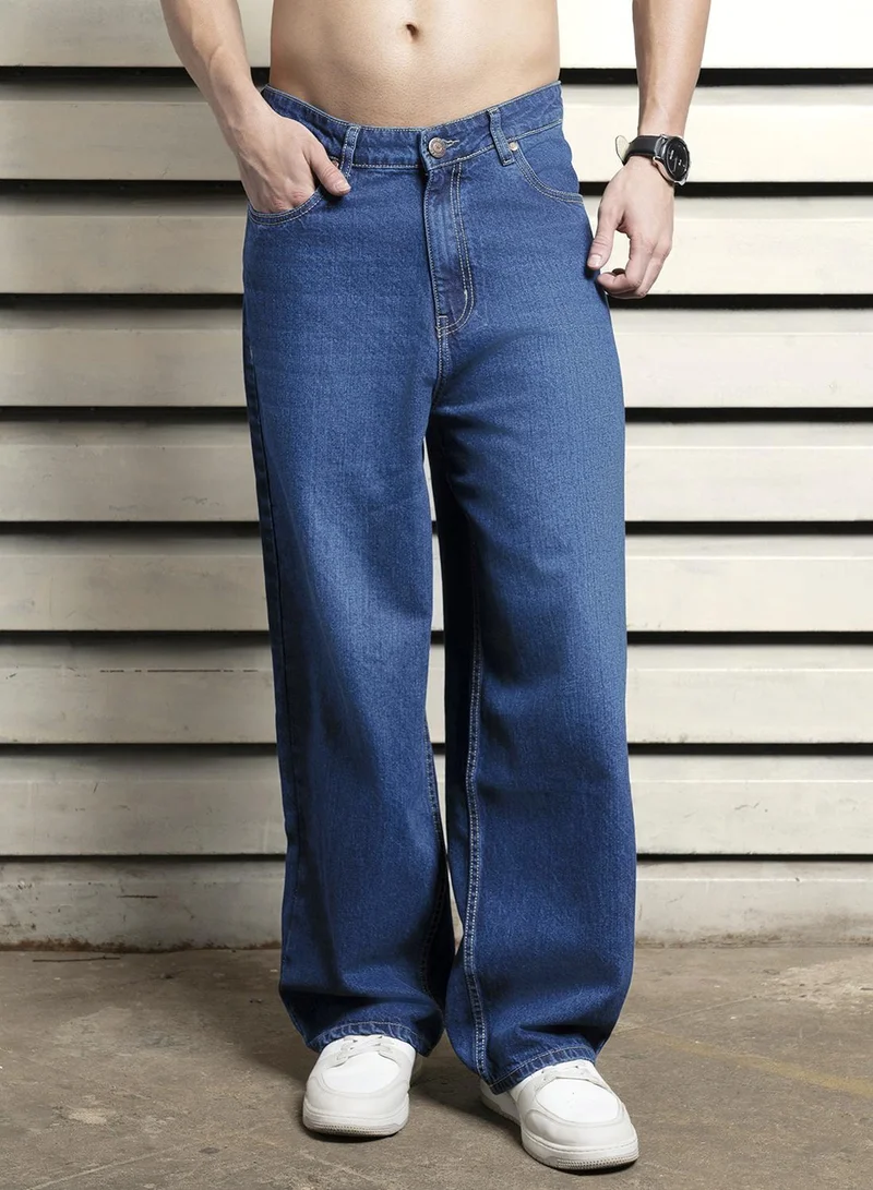 هاي ستار Men's Indigo 100% Cotton Bleached Full Length Baggy Jeans
