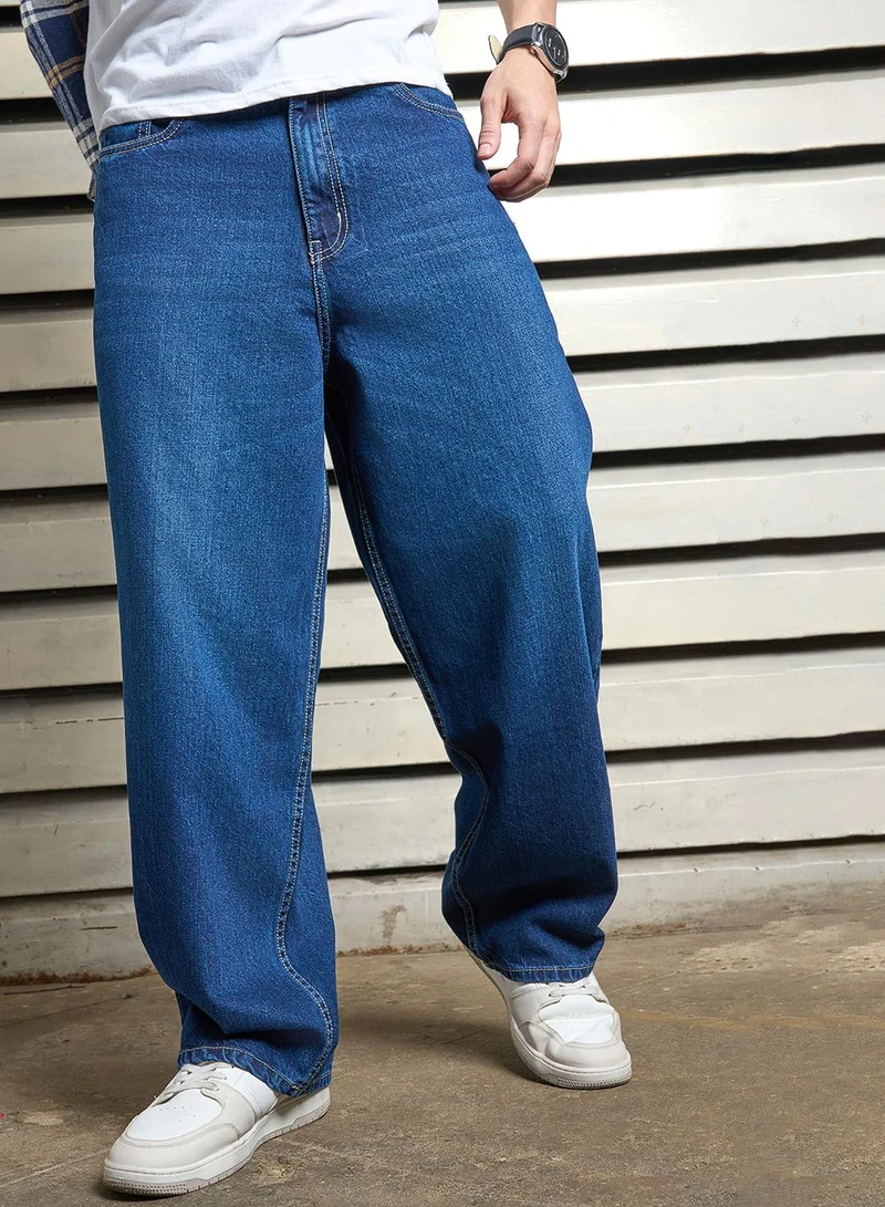 HIGH STAR Men's Indigo 100% Cotton Bleached Full Length Baggy Jeans