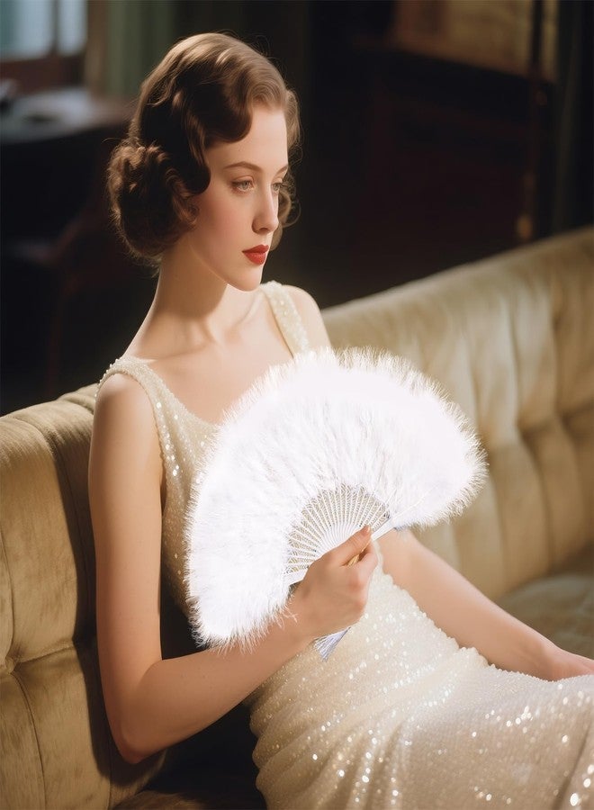 whitefeather Vintage Feather Hand Fan, 17.7 x 11.8 inches,White Marabou Feathers, 1920s Style for Costume Parties, Tea Parties, Wedding Decor (White) - Image 3