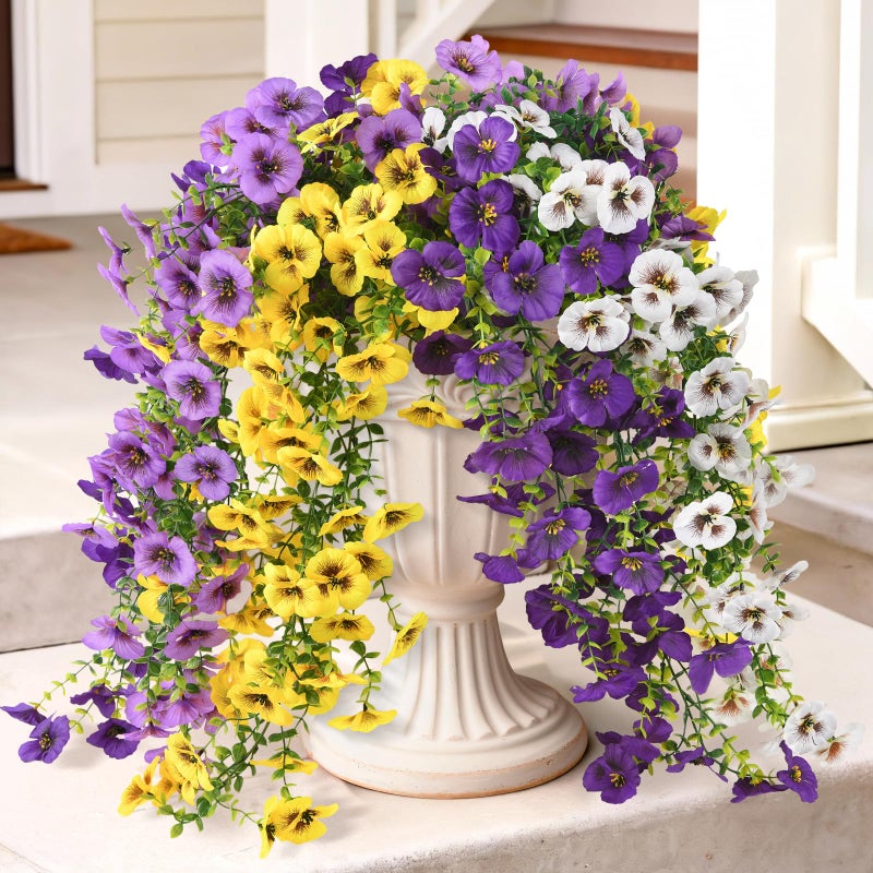 ZFProcess Fake Artificial Flowers for Outdoors, 4 Pcs Faux Hanging Pansy Flowers Spring Summer Decor, UV Resistant Fake Plants Silk Flower for Planter Front Door Porch Patio Yard Garden(Purple Yellow White) - Image 1