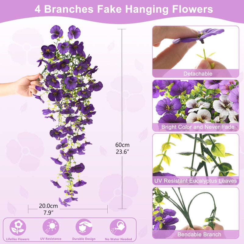 ZFProcess Fake Artificial Flowers for Outdoors, 4 Pcs Faux Hanging Pansy Flowers Spring Summer Decor, UV Resistant Fake Plants Silk Flower for Planter Front Door Porch Patio Yard Garden(Purple Yellow White) - Image 5