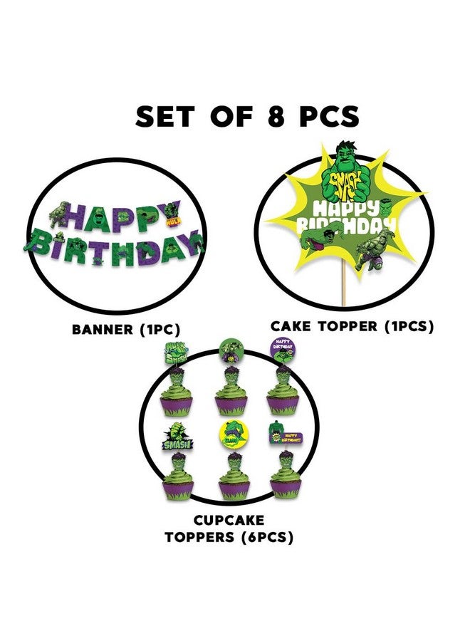 Festiko® Set of 8 Pcs Superhero Hullk Theme Happy Birthday (Banner, Cake & Cupcake Toppers), superhero theme birthday decorations - Image 2