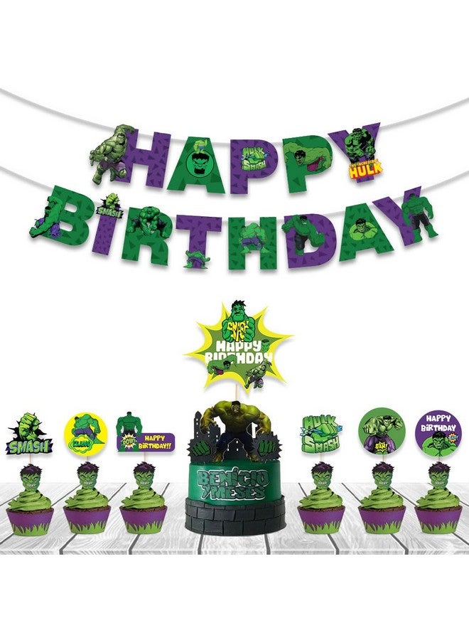 Festiko® Set of 8 Pcs Superhero Hullk Theme Happy Birthday (Banner, Cake & Cupcake Toppers), superhero theme birthday decorations - Image 1