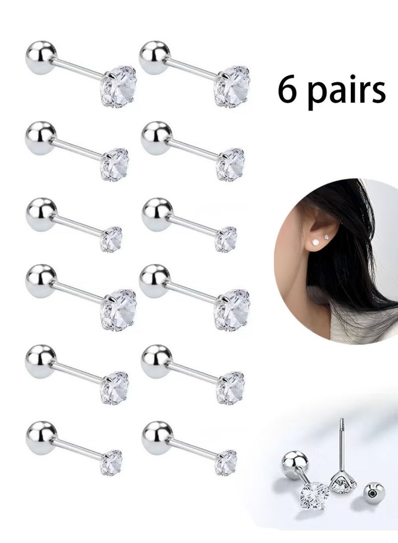 6 Pairs Stainless Steel Screw Stud Earrings Set, Hypoallergenic Cubic Zirconia Studs Earrings, Piercing Post Surgical Earrings for Women Men (Silver) - Image 1
