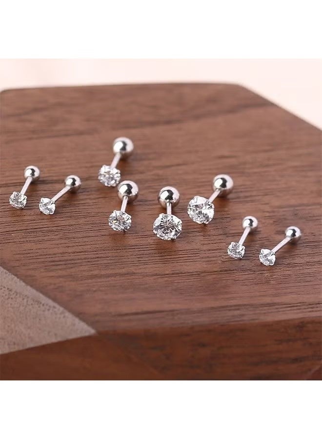 6 Pairs Stainless Steel Screw Stud Earrings Set, Hypoallergenic Cubic Zirconia Studs Earrings, Piercing Post Surgical Earrings for Women Men (Silver) - Image 4