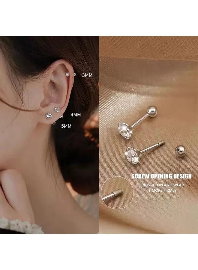 6 Pairs Stainless Steel Screw Stud Earrings Set, Hypoallergenic Cubic Zirconia Studs Earrings, Piercing Post Surgical Earrings for Women Men (Silver) - Image 5
