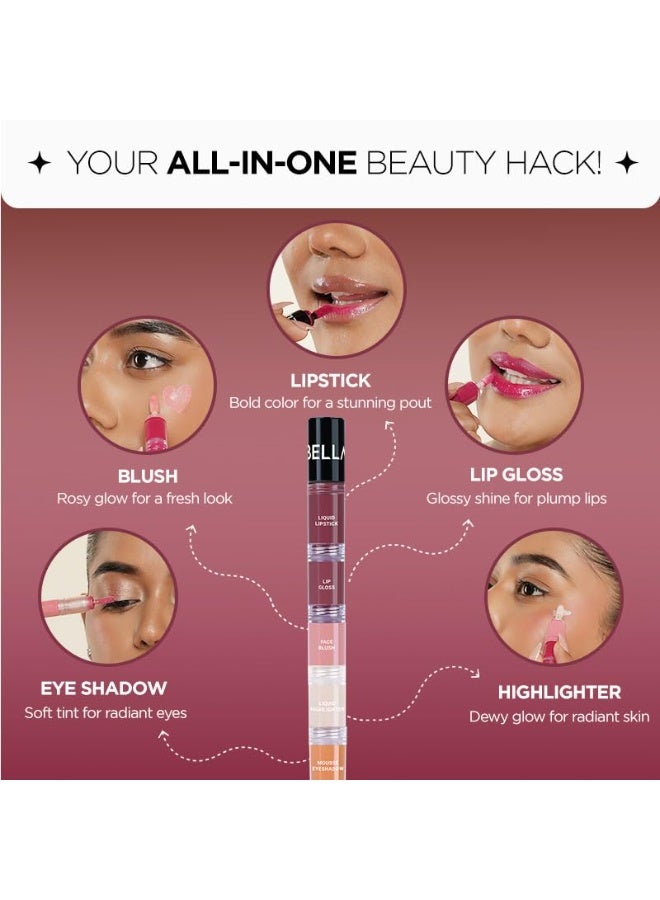 Bellavita High Five 5-in-1 Face Glam Makeup Stack- Eyeshadow, Highlighter, Lip Gloss, Lipstick & Blush | Long-Lasting, Smudge-Proof, Travel-Friendly | Coy Queen | 4.3ml - Image 3