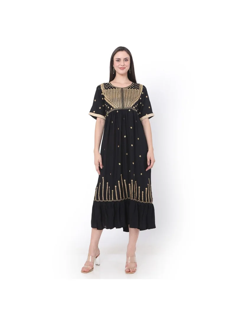 HANA & SARA BLACK SHORT EMBROIDERED VISCOSE ARABIC JALABIYA KAFTAN DRESS