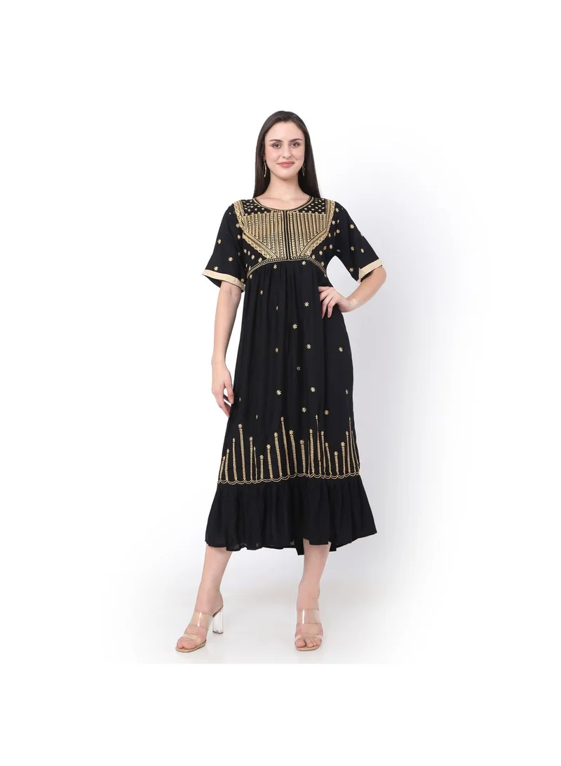 HANA & SARA BLACK SHORT EMBROIDERED VISCOSE ARABIC JALABIYA KAFTAN DRESS