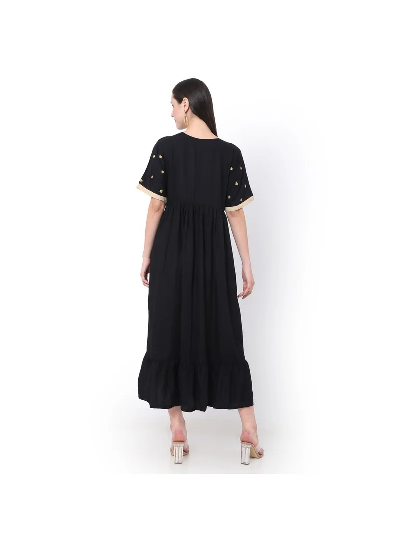 HANA & SARA BLACK SHORT EMBROIDERED VISCOSE ARABIC JALABIYA KAFTAN DRESS