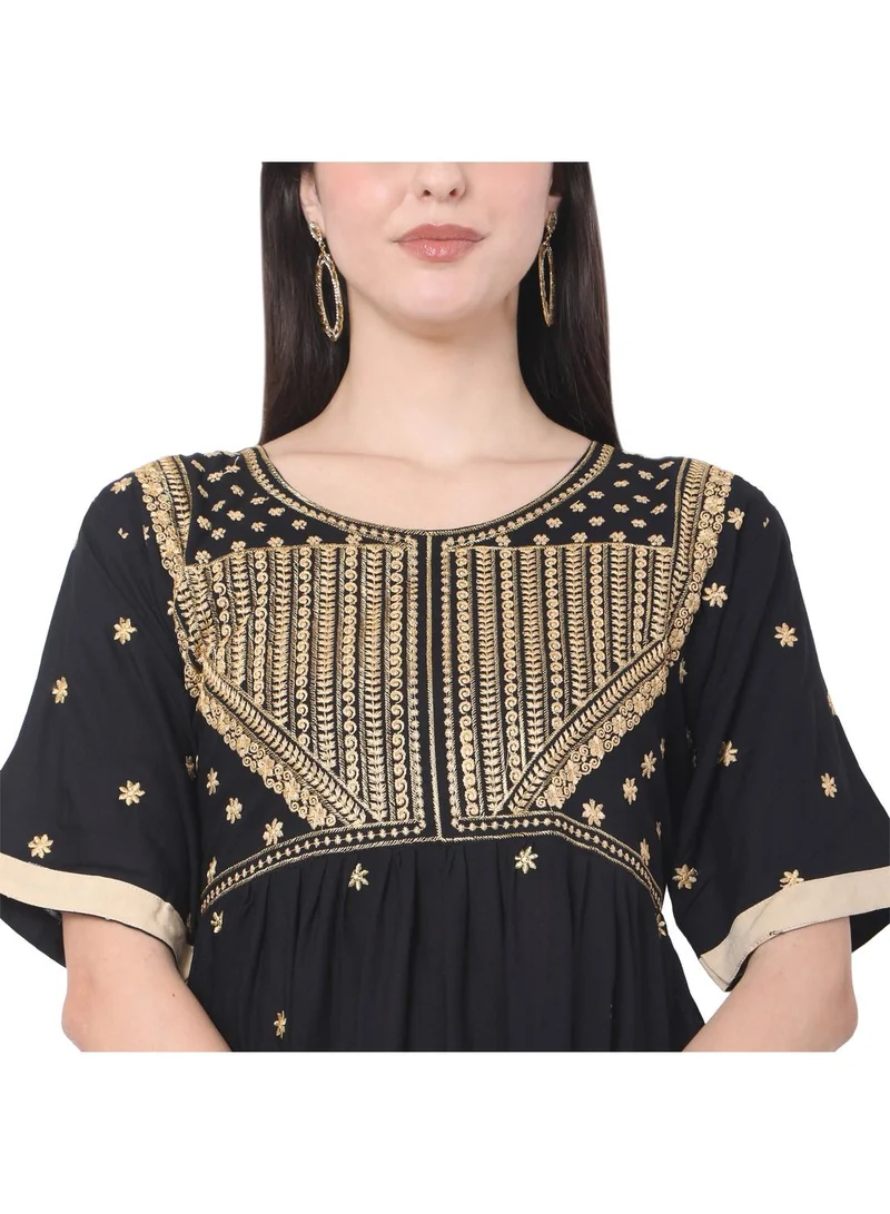 HANA & SARA BLACK SHORT EMBROIDERED VISCOSE ARABIC JALABIYA KAFTAN DRESS