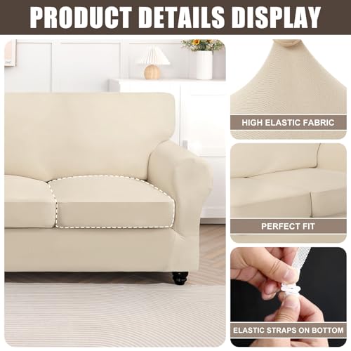 SearchI Stretch Sofa Cover Couch Cover 3 Pieces Loveseat Slipcover with 2 Separate Cushion Cover Washable Furniture Protector for Living RoomLoveseat Beige - Image 3