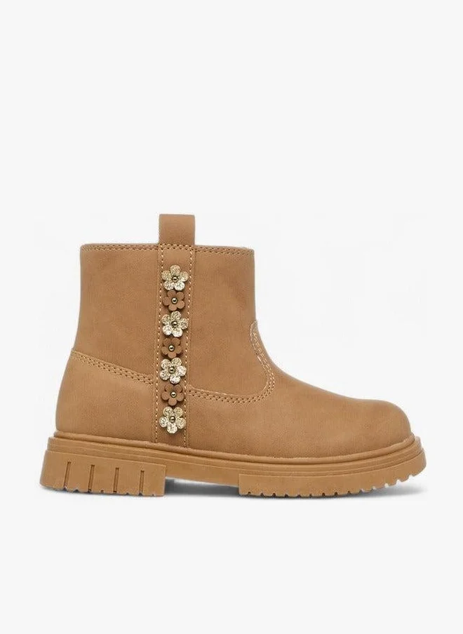 JUNIORS Floral Accent Ankle Boots with Zip Closure