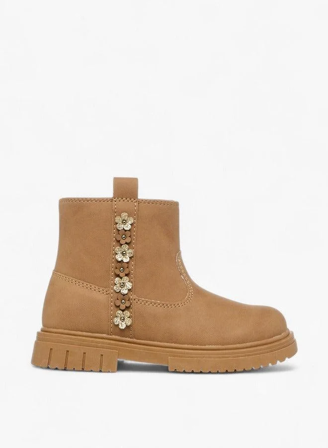 JUNIORS Floral Accent Ankle Boots with Zip Closure