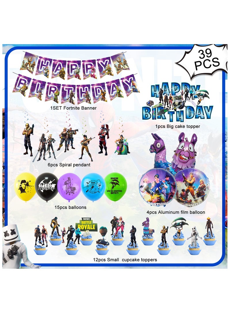 ILovhaprty Fortnite Birthday Party Supplies, 39 pcs Fortnite Party Decorations Set - Fortnite Spirals, Fortnite Balloons Banners Cake Toppers etc Fortnite Theme Birthday Party Supplies for Kids - Image 2