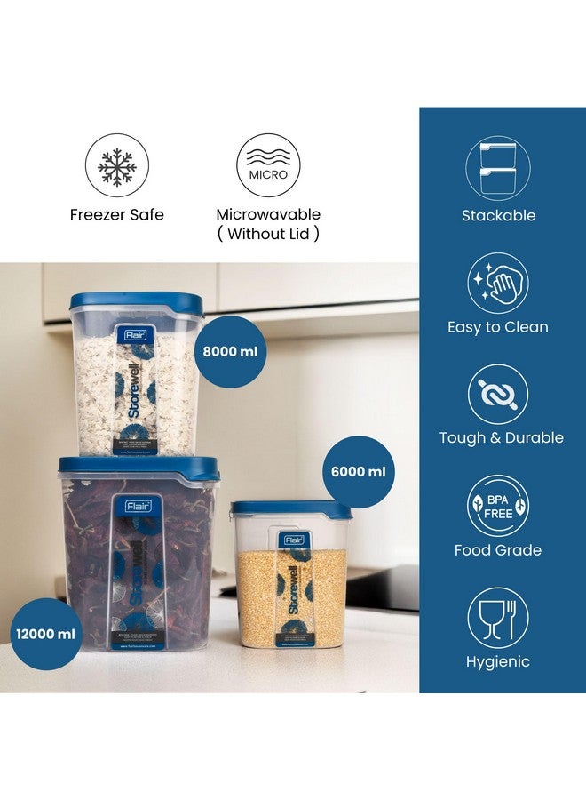 FLAIR Plastic Storewell Square Food Storage Containers Set Of 3 (6L, 8L, 12L)- Blue, Air Tight Containers For Kitchen Storage Ideal Kitchen BoXFor Rice, Atta And Grains, Bpa-Free, Food Grade - Image 3
