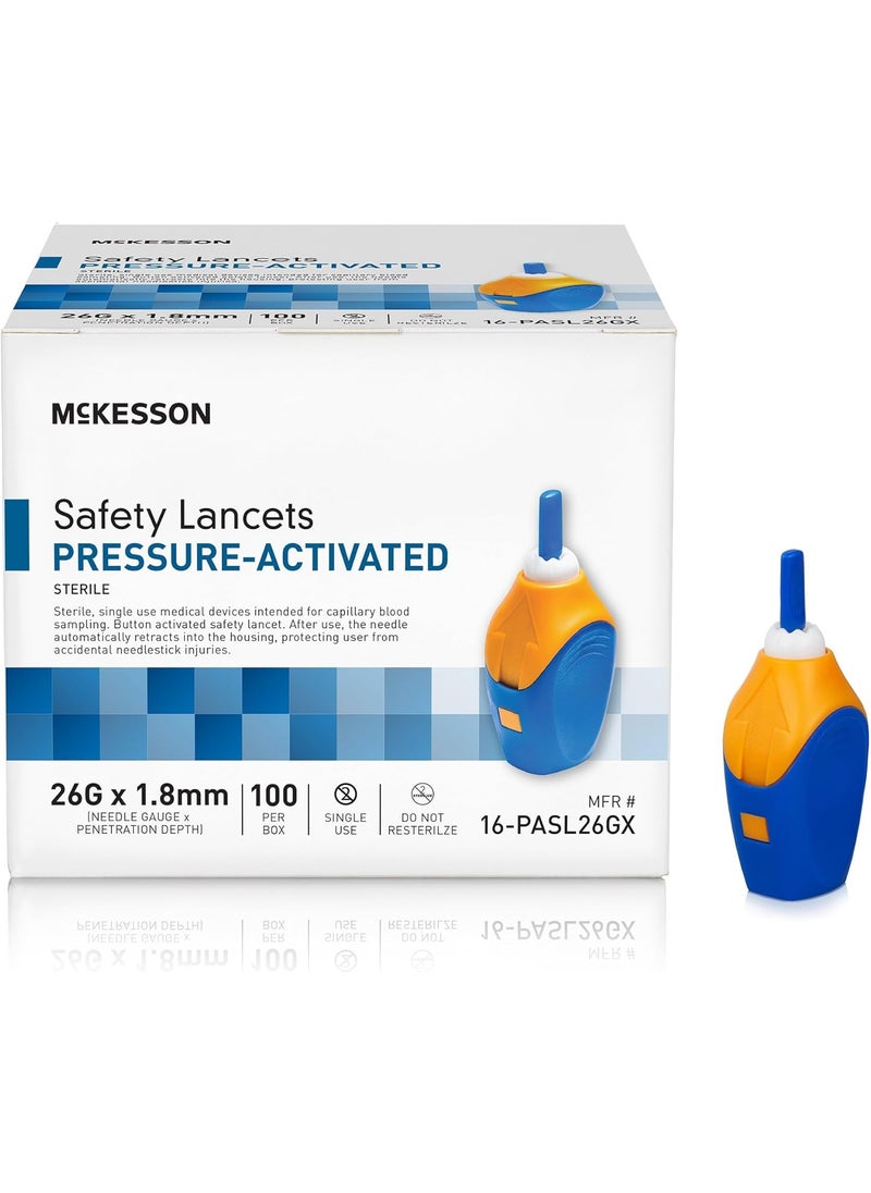 McKesson McKesson Safety Lancet, Retractable, Pressure-Activated Finger Device, Sterile - Ideal for Blood Testing - Single Use, 26 Gauge, 1.8mm Depth, 100 Count, 1 Pack 