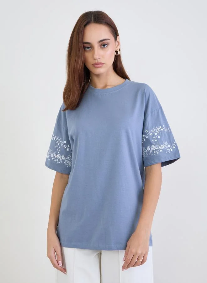 Styli Styli Blue Embroidered Sleeve Oversized T-Shirt