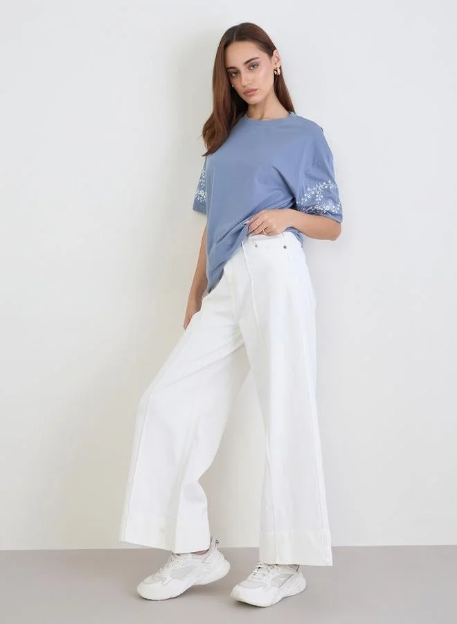Styli Styli Blue Embroidered Sleeve Oversized T-Shirt