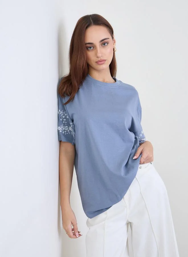 Styli Styli Blue Embroidered Sleeve Oversized T-Shirt