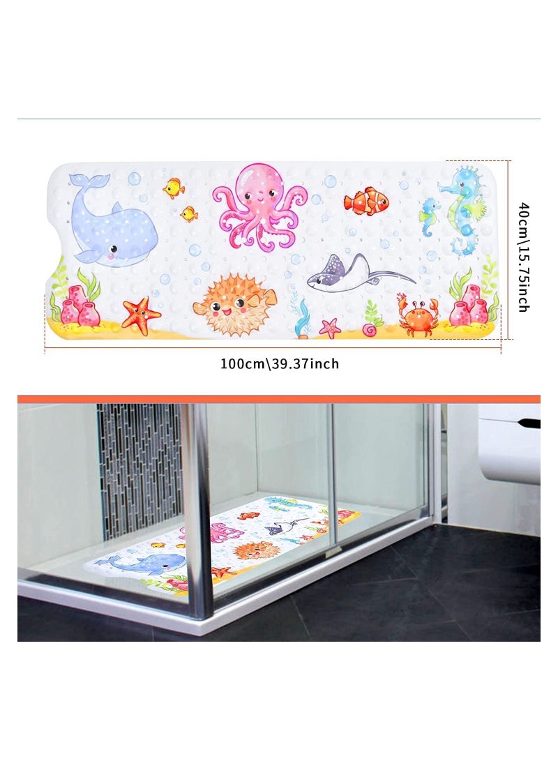 SYOSI Cartoon Non Slip Bathtub Mat for Kids, 40x16 Inch Large Size Anti Slip Shower Mats for Toddlers Children Baby Floor Tub Mats, with Suction Cups & Drain Holes, Machine Washable (Sea World) - Image 2