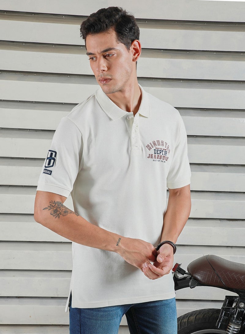 HIGH STAR Off White Polo T-Shirt for Men, Casual Typographic Style - Image 1