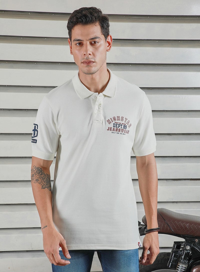 HIGH STAR Off White Polo T-Shirt for Men, Casual Typographic Style - Image 3
