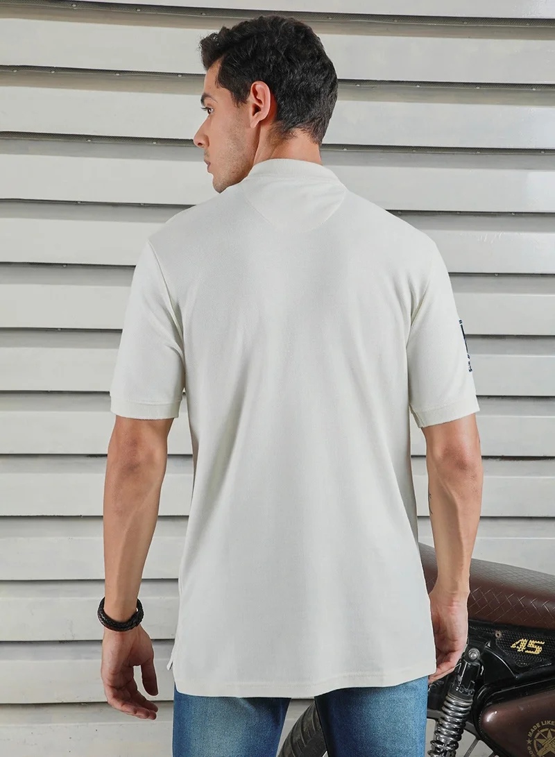 HIGH STAR Off White Polo T-Shirt for Men, Casual Typographic Style