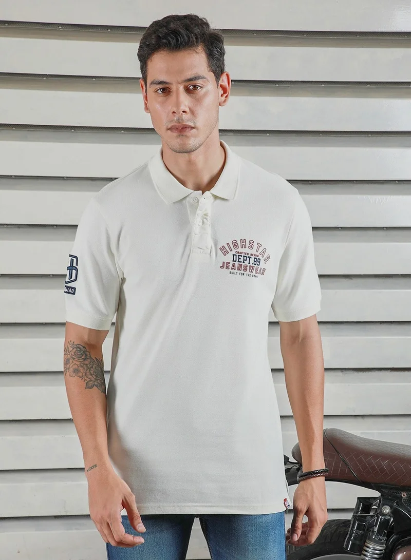 HIGH STAR Off White Polo T-Shirt for Men, Casual Typographic Style