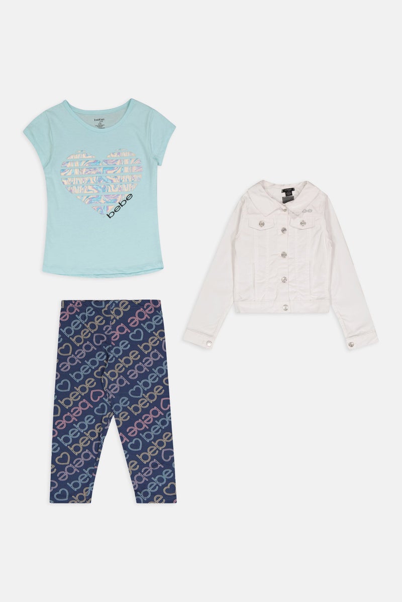 bebe Kids Girl 3 Pcs Brand Logo T-shirt, Jacket And Pants Set, Multicolor - Image 2