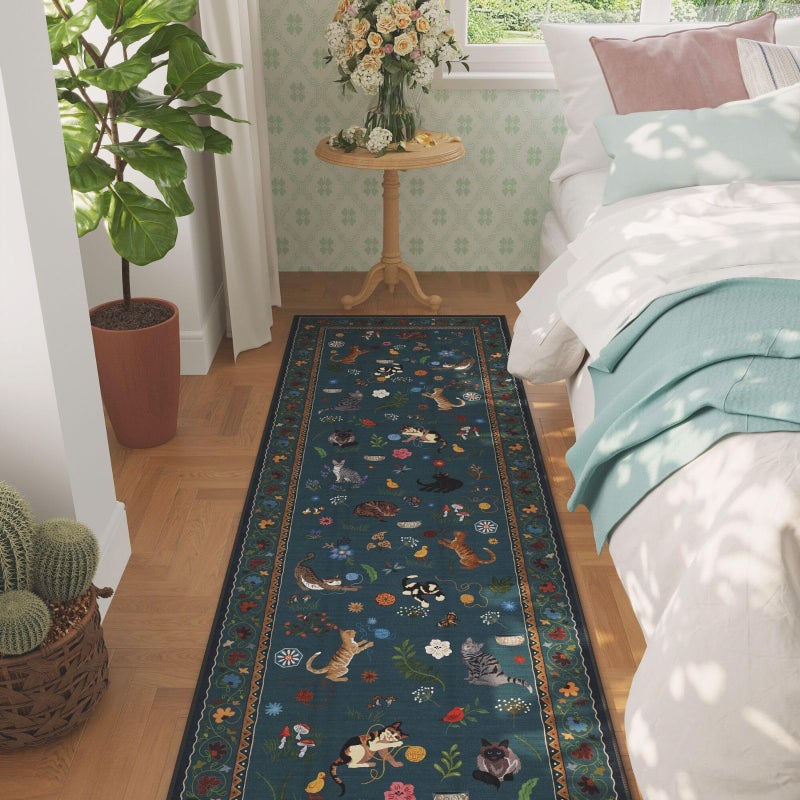 Rugcomf Runner Rug for Kitchen Non Slip 2'x6' Washable Rugs with Rubber Backing Soft Floral Animal Cat Carpet Runner for Kitchen Laundry Bedroom Bathroom, Pearl Gentian Blue - Image 3